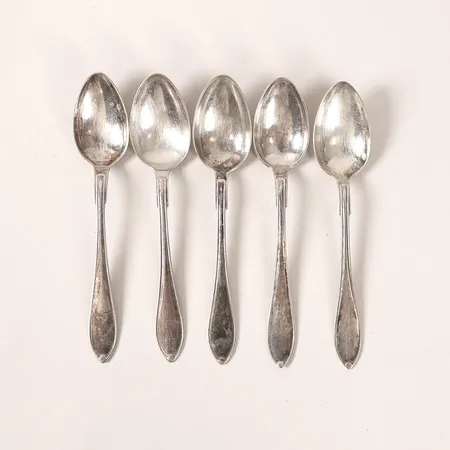 Fem skedar modell Svensk spetsig längd 12cm, GAB, silver 830/1000 Vikt: 64,3 g