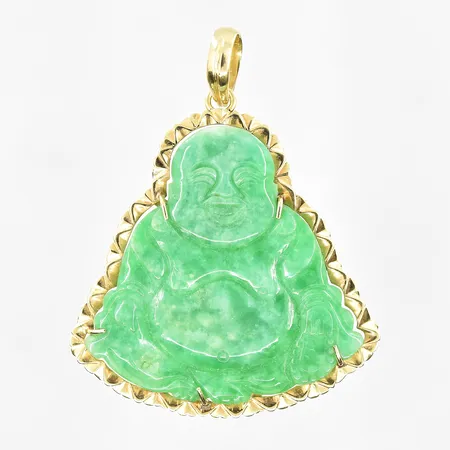 Hänge Buddah i Jade, längd 60mm, bredd 47mm, ca 70% guld, bruttovikt 16,0g Vikt: 0 g