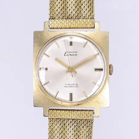 Herrur Eweco 30x30mm manuell 1970-tal 14K i boett, länk i gulddoublé, fungerade vid inskrivningstillfället, bruksslitage och plexiglaset med repor, 14K