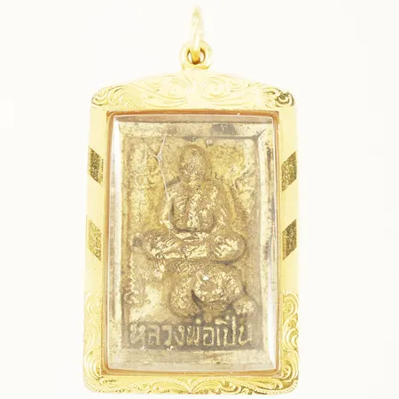 Hänge Buddha, längd 48mm, bredd 32mm, plexiglas, spricka i glas, 18K bruttovikt: 19,6g Vikt: 19,6 g