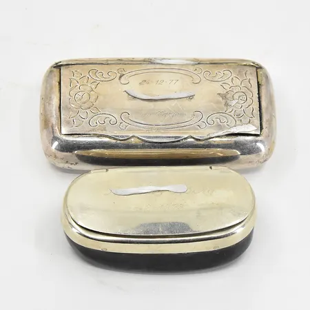 2 dosor med lock nysilver, MEMA, gravyr, bruttovikt 132,2g