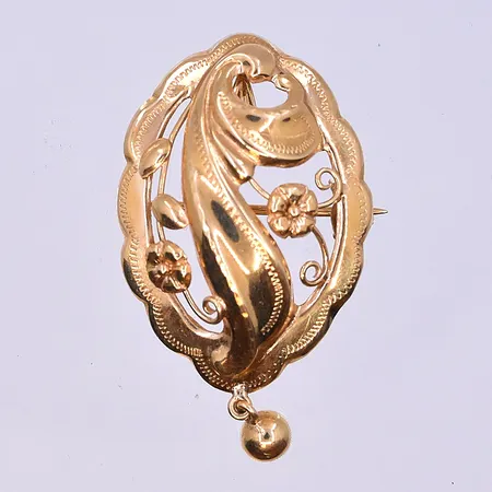 Hänge/brosch längd 48 mm, bredd 23 mm 18K. Vikt: 3,1 g