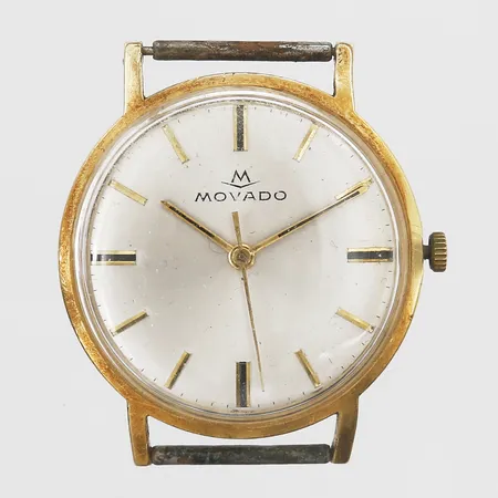 Herrur Movado, 18K, manuell, Ø36, plexiglas, inga tillbehör, gravyr, slitage, repor, smuts invändigt.