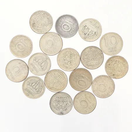 17 silvermynt, 1944-1959, 10 öre, silver 400/1000 Vikt: 24,5 g