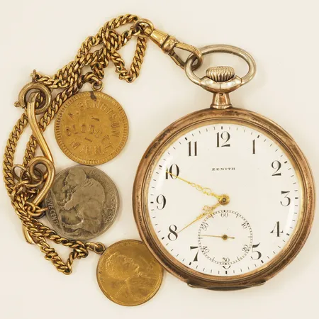 Fickur Zenith Ø52mm, liten sekundvisare, boettnr 3020676 9195, 800/1000 silver, klockkedja i oädel metall med mynt i oädel metall