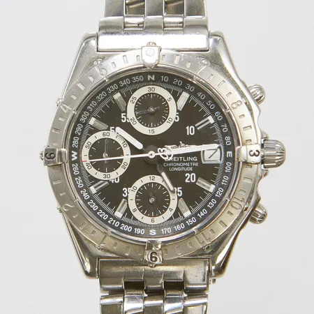 Herrur Breitling Chronograf, Chronometre Longitude, stål, Ø39mm, svartgrå urtavla, datum, ref A20348, serienummer: 20322, repig pilotlänk stål 15cm, ref 300A/CA202, slitna visare, inga tillbehör. Vikt: 0 g