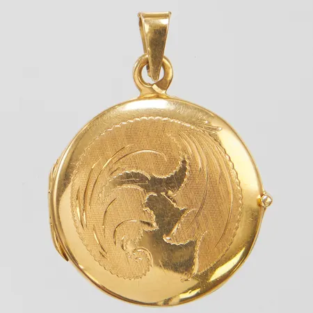 Hänge medaljong Ø22mm, bucklig vid öppning, glas, tyg, importstämplad, 18K Vikt: 5,8g Vikt: 5,8 g