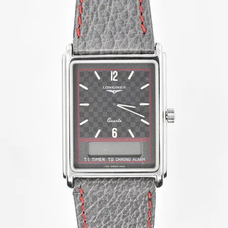 Herrur Longines Split 5, quartz/analog, boett 35x25mm, stål, boettnr 21958614, T1 timer / T2 chrono alarm, läderband, behov av batteribyte, inga tillbehör.