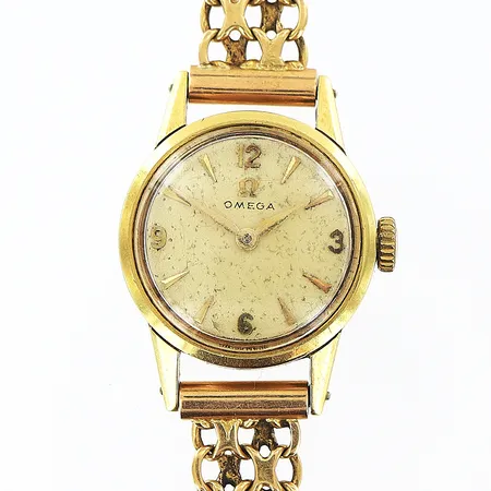 Damur Omega 18K, manuell, Ø20mm, med x-länk, gulnad och fläckig urtavla, repigt originalglas, bruttovikt: 23,8 gram