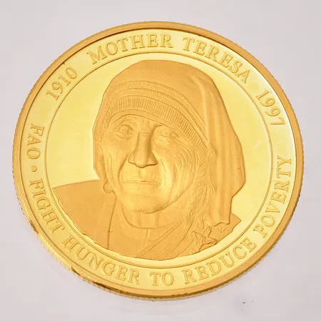 Mynt, Ø 38,9mm, 5000 Liras, 2001, Mother Teresa, plastetui, tag, 24K 31,21g Vikt: 31,2 g