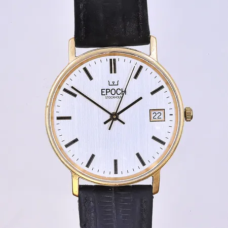 Herrur Epoch 18k med läderband, etui, batteribyte krävs