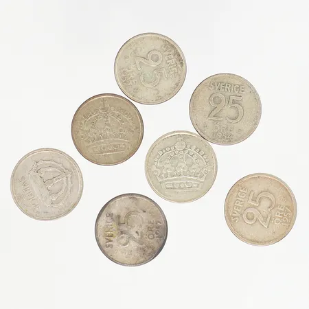 7 Silvermynt, 1944-1959, 25 öre, 400/1000 silver Vikt: 16,1 g