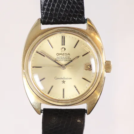 Herrur Omega Constellation, guld på stål, automatisk, Ø35mm, läderband, inga tillbehör