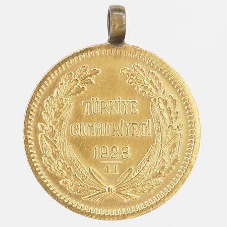 Hänge mynt 100 Kurus år 1923 längd 26mm, bredd 22mm, ögla i oädel metall, 22K Vikt: 7,3 g
