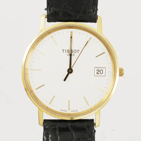 Armbandsur Tissot 18K Ø34mm datum, safirglas gravyr läderarmband manual etui, går ej