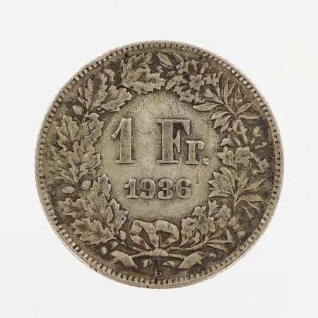 Mynt, 1 franc, Ø23mm, Helvetia, 1936, 830/1000 silver Vikt: 5 g