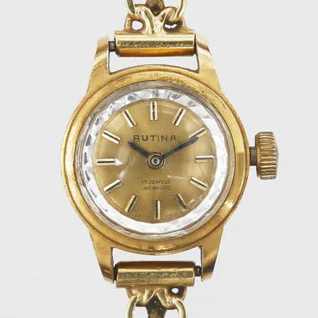 Damur Rutina guldfärgat stål, manuell, 19mm, boettnr 1371, repor på glas, x-länk i 18K, inga tillbehör, brv: 20,3g