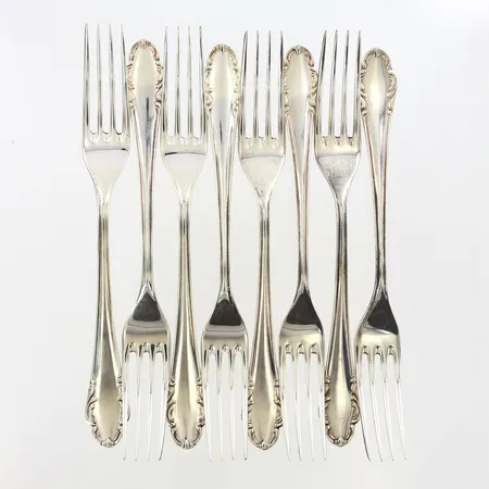 8 gafflar modell Haga, år 1952, längd 15,3cm, silver 830/1000 Vikt: 172,7 g