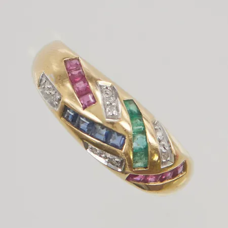 Ring med diamanter ca 0,04ctv, smaragder, rubiner, safirer stl:17½ bredd 7mm 18K 5,6g.