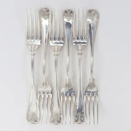 Sex Gafflar med dekor längd 14cm monogram Silver 830/1000.   Vikt: 134,4 g