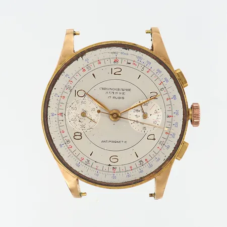 Herrur Chronographe Suisse 17 Rubis Antimagnetic 18K, manuell, Ø37mm, saknar glas, skador, 18K bruttovikt: 36,4g 