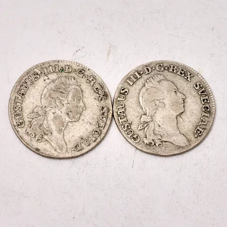 Mynt 2st 1/6 Riksdaler Gustavus III, 1777, 1779, silver 691/1000, 12,37g.