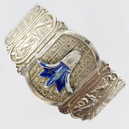 Stelt armband Ø63mm, öppen modell, bredd 1,8-3,9cm, mönster med hieroglyfer, slitage på emalj, ostämplad, silver. Vikt: 69,6 g