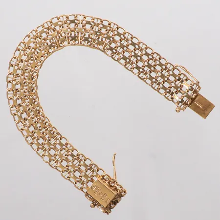 Armband X-länk med stav, längd 18,5cm, bredd 12,7mm, Nils-Olofs Guldsmedja N G Bergqvi, år 1968, kistlås, 18K Vikt: 15,8 g