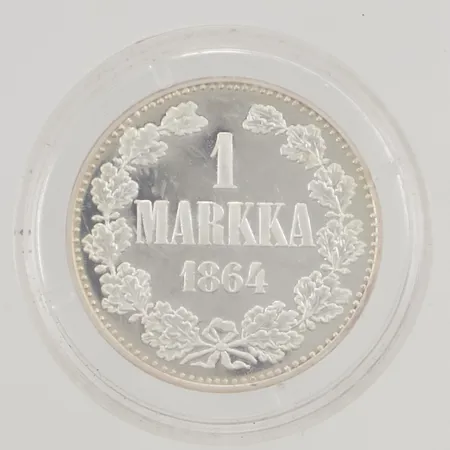 Mynt 1 Markka 1864 Kappaletta Naulasta Selwaa Hopeata, 30mm, 925/1000 Silver 14,4g.