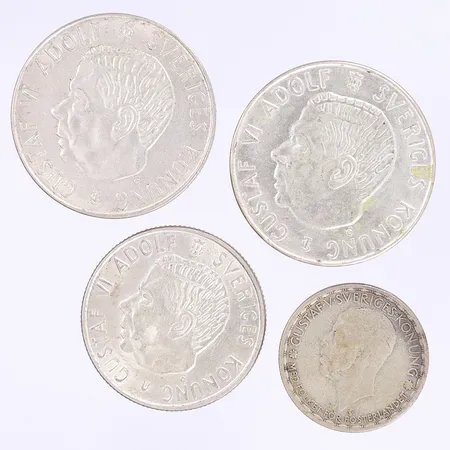 4 silvermynt svenska olika valörer silver 400/1000 Vikt: 57,2 g