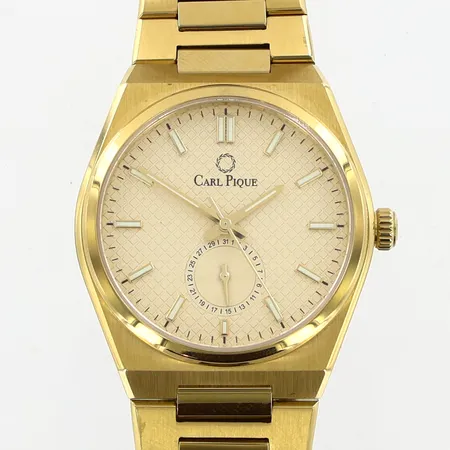 Herrur Carl Pique Ø38mm quartz,referens-nr:VX3Y gulmetall, länkens innermått:19,5cm, bredd:18-24mm, box 