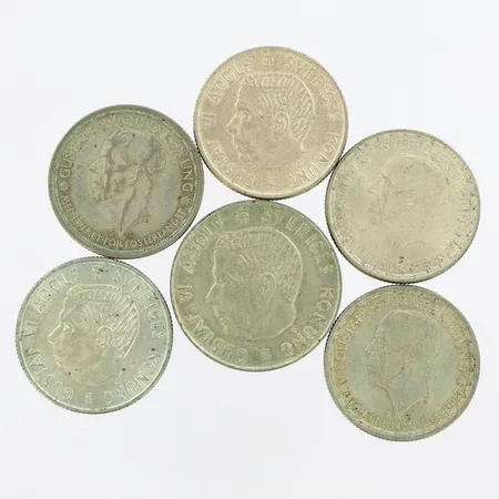 Mynt, 5st 2-kronor, 1st 5-kronor, Gustav VI Adolf, olika årtal, 400/1000 Silver Vikt: 87,7 g