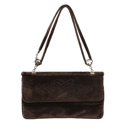 Väska märkt Leder-Locher brunt velour och läder, mått 30,5x17x3cm, spegel, slitage och sprickor invändigt, färgbortfall på gulmetall Skickas med paket.