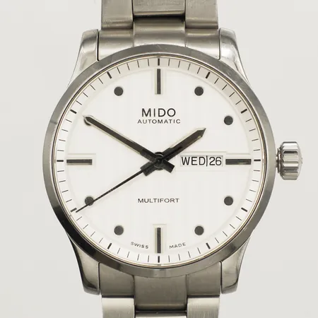 Herrur Mido Multifort stål automatisk ref-nr:M005430 A, serie-nr:15BL0228449 Ø42mm repig extra länk garantikort 2018 box ytterkartong.