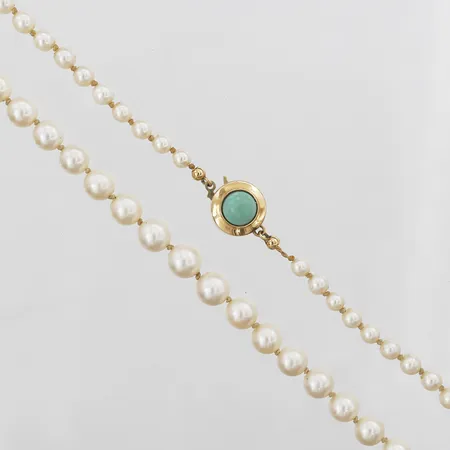 Pärlcollier odlade Akoyapärlor Ø4-7mm lås med turkos, längd 52,5cm, i behov av omträdning, del av lås i 14K och del i 18K Vikt: 20,6 g