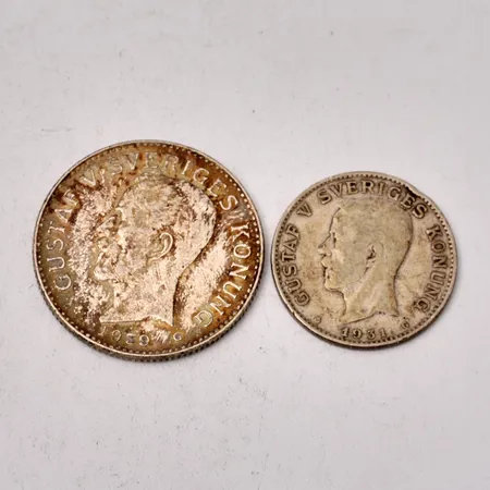 Mynt i silver, 1krona 1931, 2krona 1939, silver 800/1000, 22,39g.
