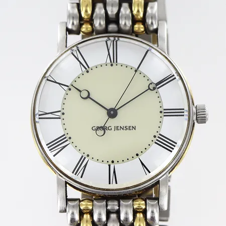 Herrur Georg Jensen modell 365 Bo Bonfils stål/guld, automatisk, 33mm, nr 69169, sekundvisare, länk 19,5cm, viklås, små nagg på glas, lås på länk i behov av justering, inga tillbehör.