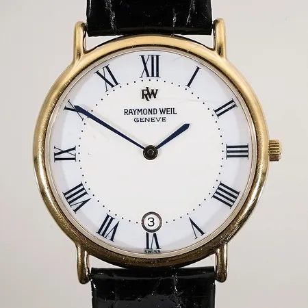 Armbandsur Raymond Veil Genève 10m gulddoublé quartz 32mm med gravyr och ask