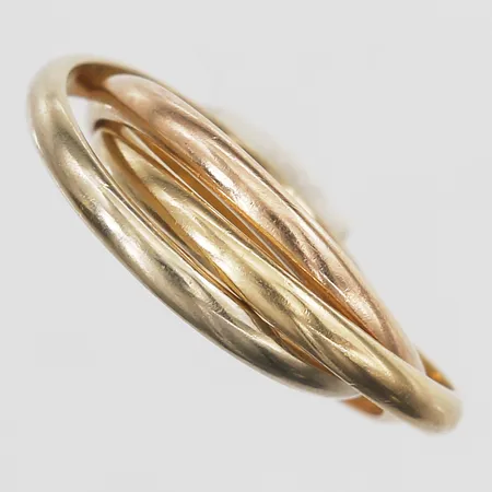Ring tredelad stl:18¾, bredd 2,5-8mm, trefärgad, en uppklippt, ostämplad, 18K  Vikt: 9,4 g