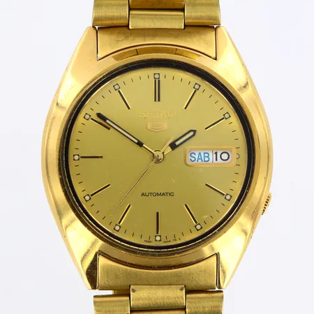 Herrur Seiko Ø36mm automatisk gulmetall innermått: 18cm, datum, refnr: 7S26-0480, glasbaksida, inga övriga tillbehör