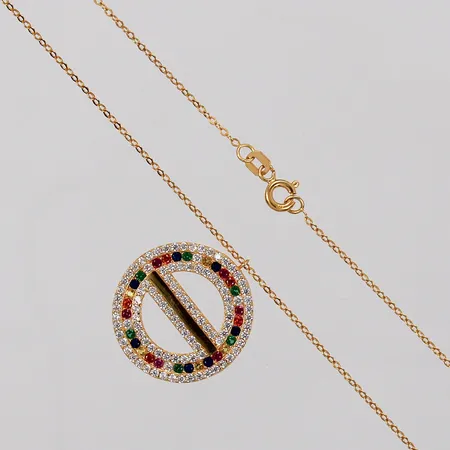 Collier med integrerat hänge och färgade stenar längd: ca 41cm bredd: ca 1mm Ø: ca 21mm 21K Vikt: 4,7 g