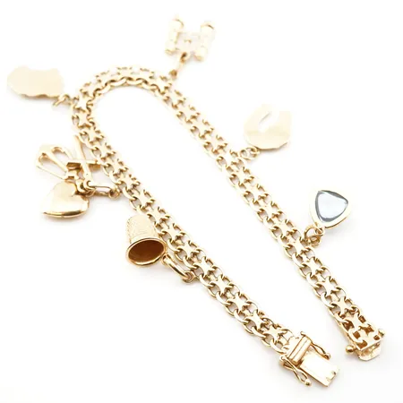Armband x-länk m 6 berlocker, 19cm, bredd 5,5mm, 18k Vikt: 17,6 g