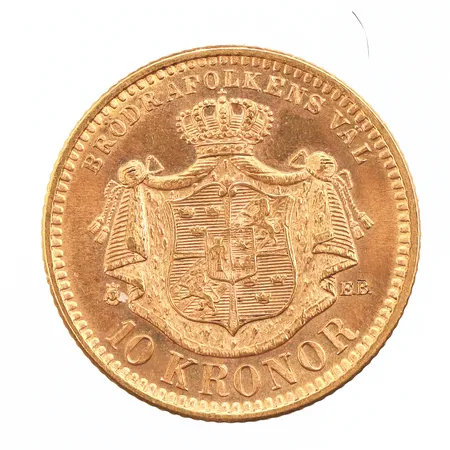 Mynt 10 Kronor - Oscar II, präglat år 1901, Ø18mm, 900/1000 guld (21,6K),  Vikt: 4,5 g