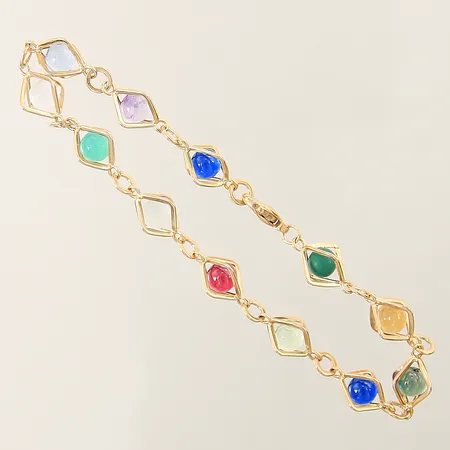 Armband med färgstenar längd 21cm bredd 9,8mm, flertalet stenar skadade 18K Vikt: 11,4 g