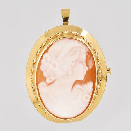 Hänge/brosch med kamé längd 35mm, bredd 24mm, ojämn/skev, 18K. Vikt: 5 g