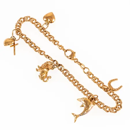 Armband Bismarck 19cm bredd 4mm, fem berlocker med vissa ojämnheter, nött karbinhake, 18K 8,8g.
