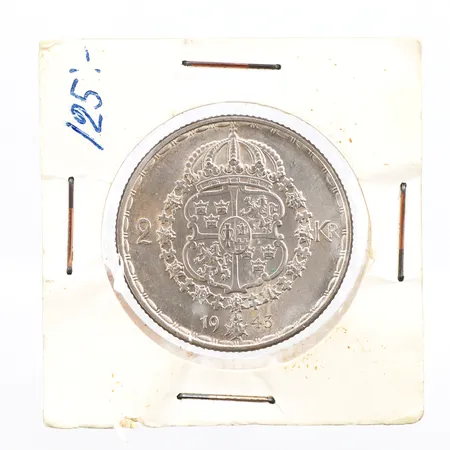 Mynt 2 kronor Gustav V, präglat år 1943, 400/1000 silver,  Vikt: 14 g