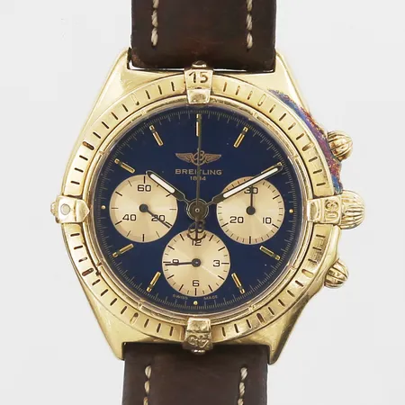 Herrur Breitling Callisto 18K, automatisk, 36mm, refnr K11045, boettnr 514, kronograf defekt, certifikat 22/1-93, spänne i doublé, extra spänne i stål, box, ytterkartong 