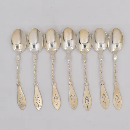 7 kaffeskedar GAB längd ca 11½cm, tillverkade 1950-160-tal, graverad baksida, silver. Vikt: 60 g