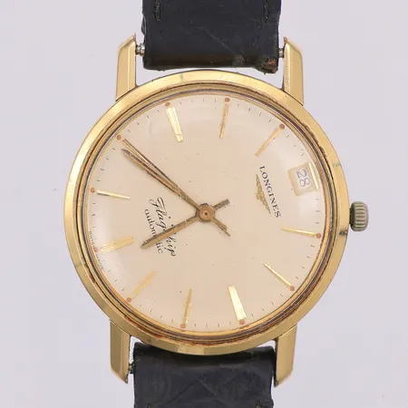 Herrur Longines Flagship automat Ø35mm datum, stål, repigt glas, urtavlan vriden, defekt krona, lös, slitet läderband